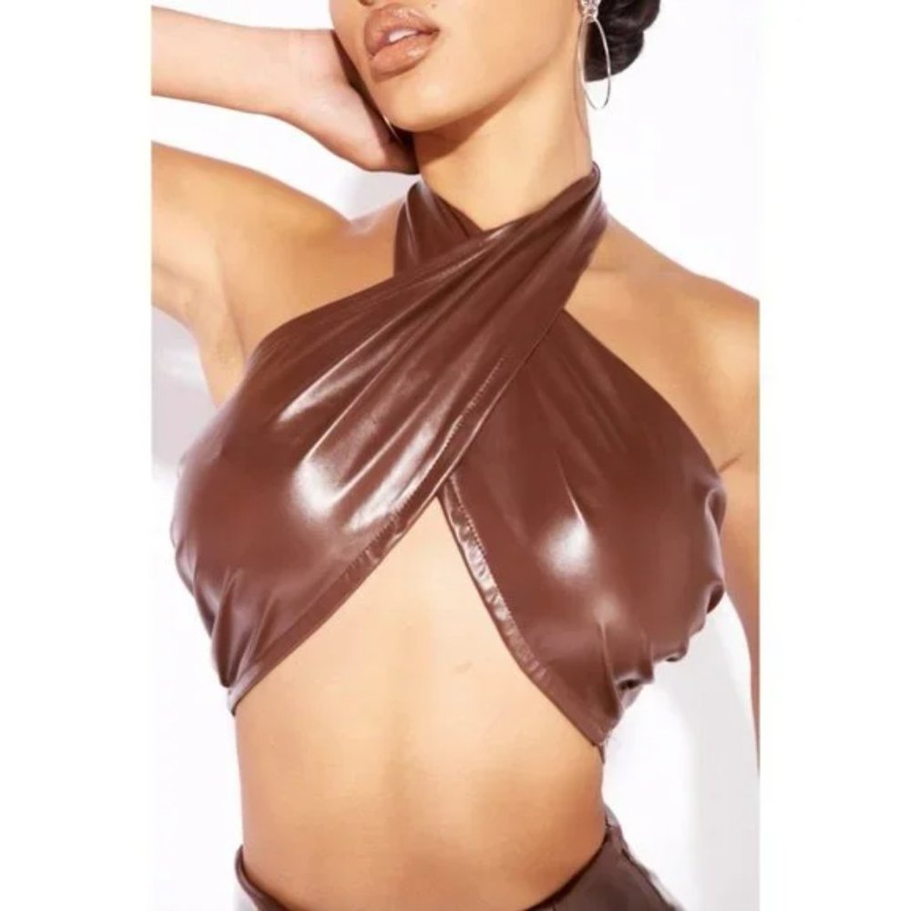 Brown Faux Leather Vegan Leather Sleeveless Halter Neck Open Back Crop Top - Picture 4 of 10